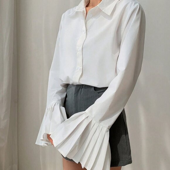 White Casual Women's Korean Shirt With Ruffled Cuffs - Picture 4 of 6